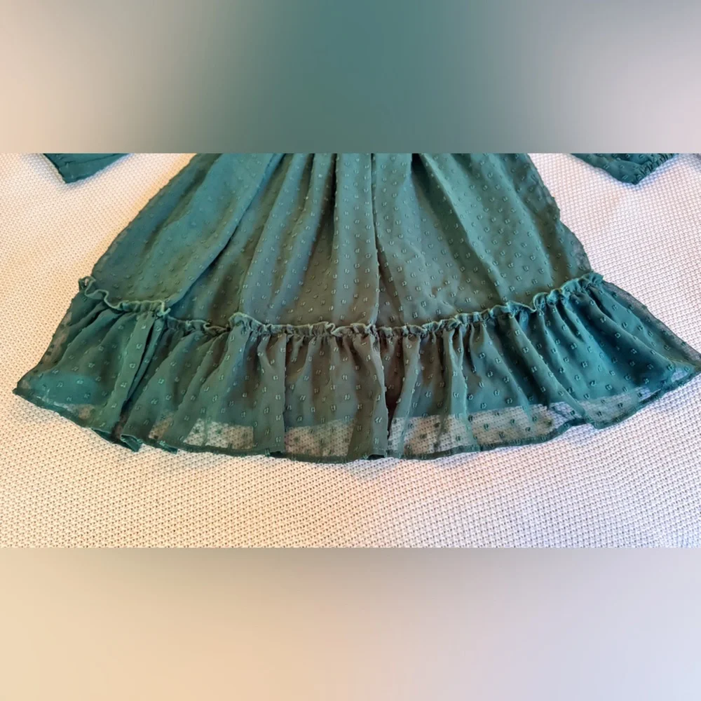 AVA & YELLY Girls Swiss Dot Smocked Semi-Sheer Dark Green Long Sleeve Midi Dress